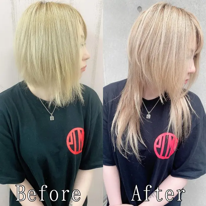 ホワイトブロンドのショートヘアから バックのみのお取り付けでウルフスタイルに シールエクステ あるじゃんすー沖縄店所属 あるじゃんすー 沖縄店のヘア カタログ ミニモ