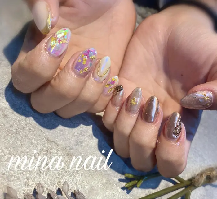 ニュアンスネイル 春ネイル シェルネイル ホイルネイル ミラーネイル マグネットネイル Mina Nail所属 Mina Nailのネイル デザイン ミニモ