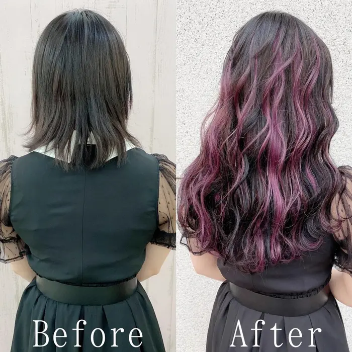 黒髪ベースに パープルのメッシュを全体に入れました 巻くと立体的に綺麗に見えます Ar公式アプ あるじゃんすー広島店所属 あるじゃんすー 広島店のヘアカタログ ミニモ