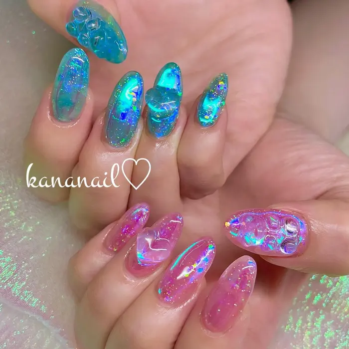 うるうるスカルプ Blue Pinkのラメ入りうるうるをスカルプ10本でパーツ有りはボリュー Angelaurakananail所属 Kananail Angelauraのネイルデザイン ミニモ