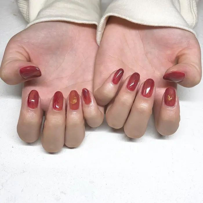 クリアレッド オレンジ2色のニュアンス Nailsmintia Esaka 所属 Nails Mintia 上田のネイル デザイン ミニモ