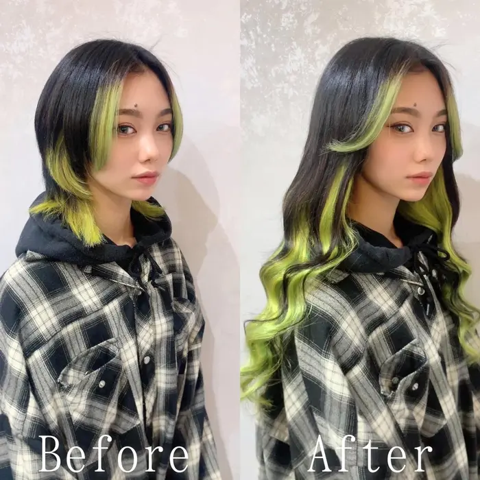 フェイスフレーミングから繋がるようにグラデーション風にも仕上げました黄緑カラーでモードな印象 あるじゃんすー熊本店所属 あるじゃんすー 熊本店のヘアカタログ ミニモ