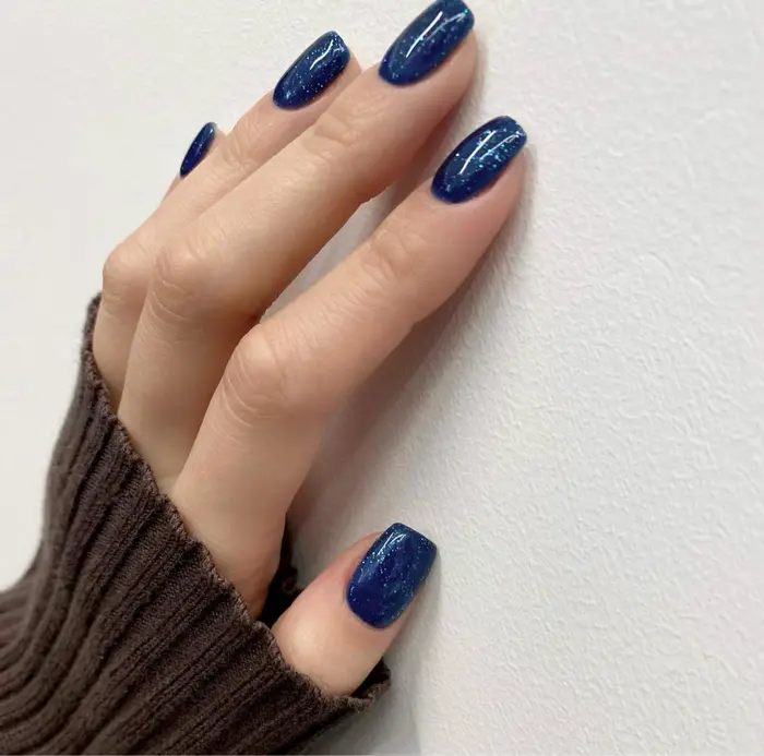 深めのネイビーに色んな色のラメが Fein Total Beauty Salon 青山店所属 Rena のネイル デザイン ミニモ