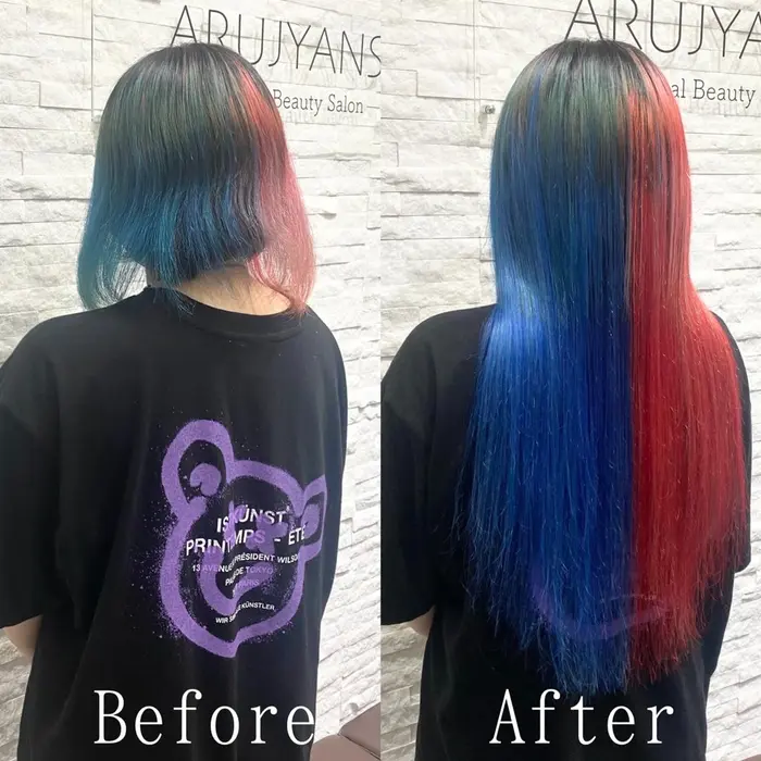 派手で目立つ赤と青の綺麗なツートンスタイル どんなカラーもしっかり合わせられます インナーカラー あるじゃんすー沖縄店所属 あるじゃんすー 沖縄店のヘアカタログ ミニモ