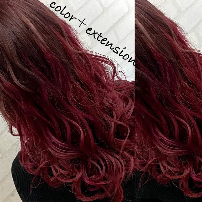 地毛をレッド系の暗い色に カラーしてエクステで 原色レッドグラデーション Cuore所属 𝙲𝚞𝚘𝚛𝚎 シュンのヘア カタログ ミニモ