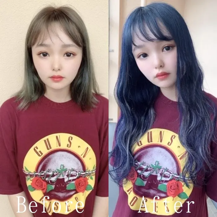 ネイビーブルージュ シールエクステ 小顔 ハイライトカラー 原宿青みのカラーでトーンダウンしてからの エクステ カラー専門あるじゃんすー原宿店total Beauty Salon所属 カラー エクステ専門 あるじゃんすー原宿店のヘアカタログ ミニモ