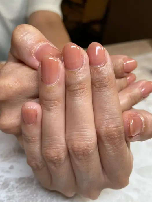 ちゅるんネイル アプリコット 透け感 流行りネイル ワンカラー シンプルネイル 神戸市西区ネイルサ Nail Salon Stella所属 ネイルサロン ステラのネイルデザイン ミニモ