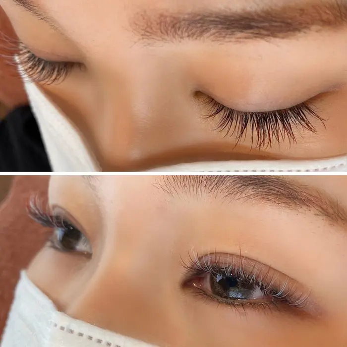 カラーエクステ 140本 9 12 目尻長めデザイン レッドブラウンをベースに ベビーブルーを全体 Dere Dir Face所属 Dere Dir Faceのマツエクデザイン ミニモ