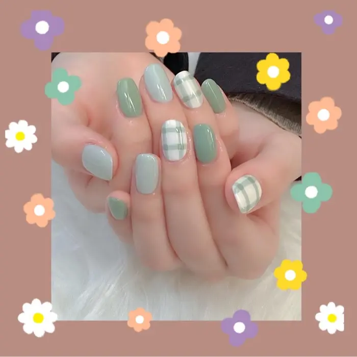 持ち込みネイル チェックカラーネイル 緑ネイル A 1 B 27 M 6 Pokapoka Nail所属 Mia ネイリスト のネイルデザイン ミニモ
