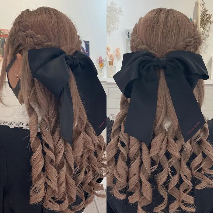 編み込みハーフアップ 大きいリボンがアクセント ヘアセットaries新宿駅前東口店所属 夏目 瞳のヘアカタログ ミニモ