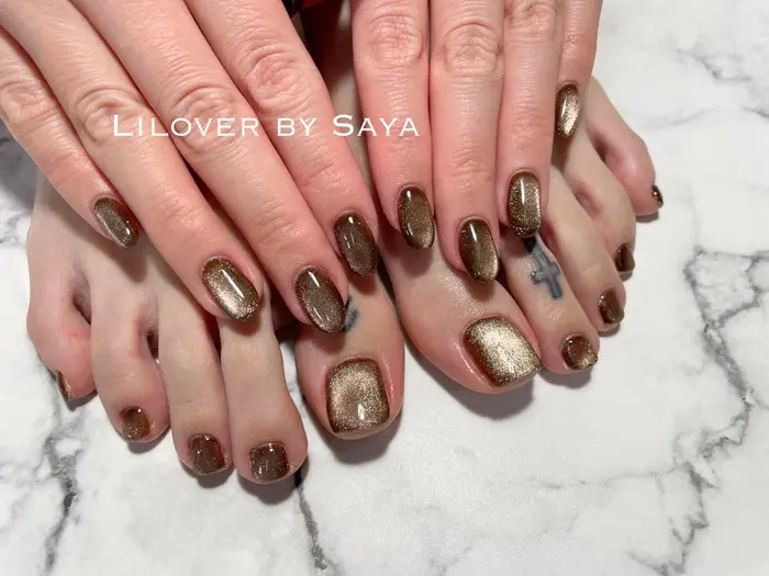 フットネイル マグネットジェル ブラウンネイル Nailsalon Lilover所属 Lilover By Sayaのネイル デザイン ミニモ