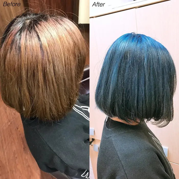 市販の黒染め履歴あり 根元をリタッチしてバイオレット系強めのブルーに 黒染めの残留色素のある毛先は ブリーチカラー専門美容室 Salon Color Art 原宿店所属 Yamasaki Daikiのヘアカタログ ミニモ