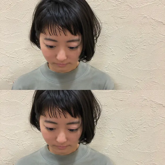 前髪バッサリ オン眉流しめカット 色はナチュラルなブラックブラウン 透明感のある色に Medical Hair Med所属 スミダ ミツコのヘアカタログ ミニモ