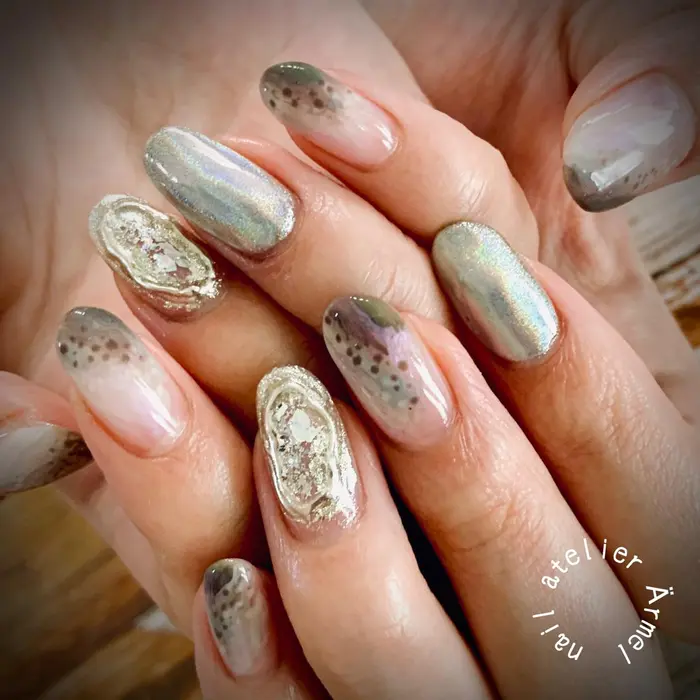 ニジマス釣りネイル ニュアンス ニュアンスネイル ユニコーン 魚ネイル ミラーネイル Na ネイル アトリエ エルメル所属 アトリエ エルメル ソデの ネイルデザイン ミニモ