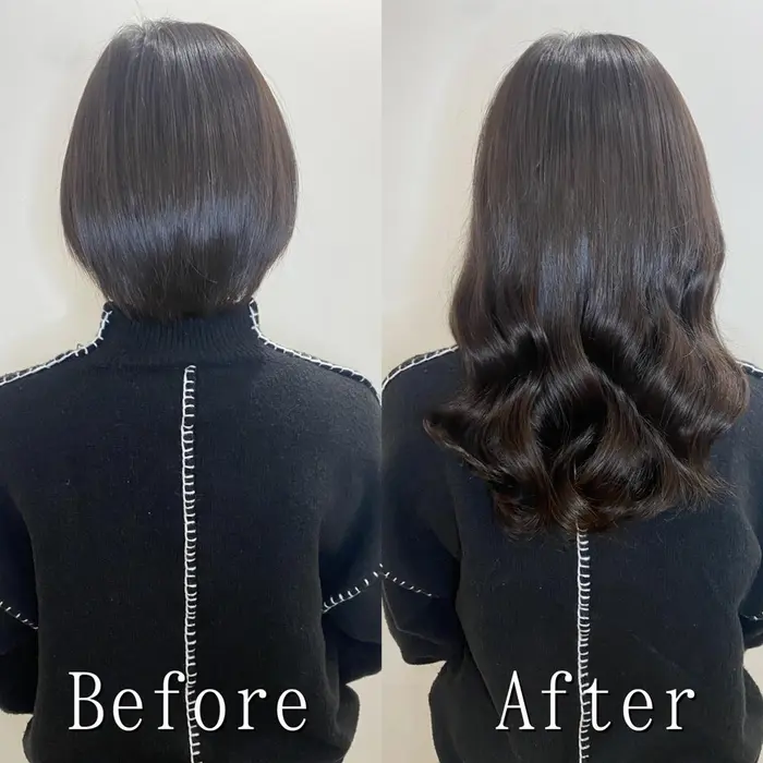 ショートヘアから黒髪ロングへ大人っぽく垢抜け ツヤ感増しのこなれヘア 韓国風レイヤー シールエクス エクステ専門店あるじゃんすー名古屋店所属 エクステカラー専門 あるじゃんすー名古屋のヘアカタログ ミニモ