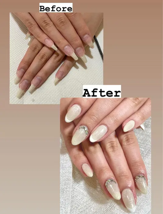 テスト期間で伸びに伸びまくったロングネイルを 綺麗目ネイルに Before After Magic Mush Nail S 所属 Magic Mash Nail S のネイルデザイン ミニモ