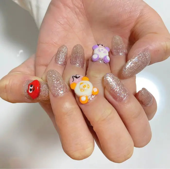 aネイル スカルプ10本のラメワンカラーでプラス500円の 3dパーツ3体でプラス3000円で Emma Nail所属 Emma Nailのネイル デザイン ミニモ