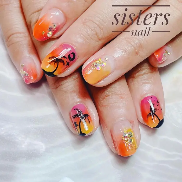 夕焼けのビーチネイル Sistersnail F Tel Sistersnail F所属 Sisters Nail Fの ネイルデザイン ミニモ