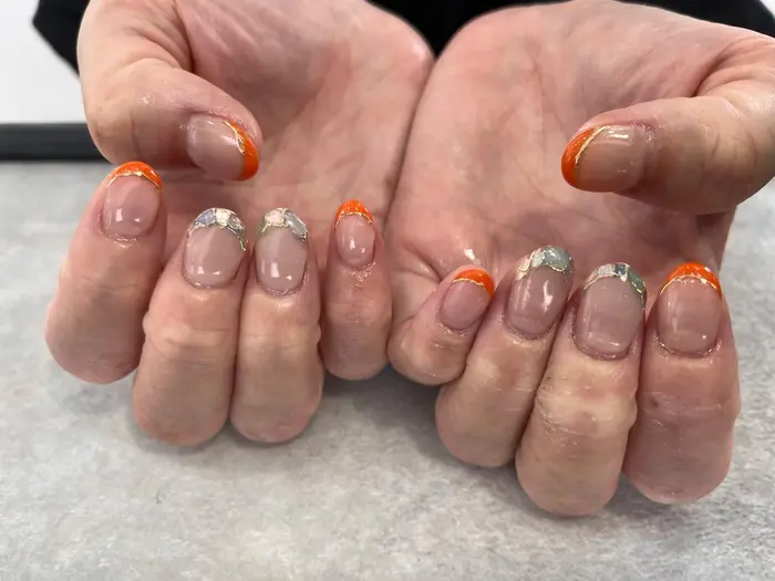 キャンペーンネイル ジェルフレンチ 橙色 オレンジ 夏ネイル Terrace所属 川邊 宏美のネイルデザイン ミニモ