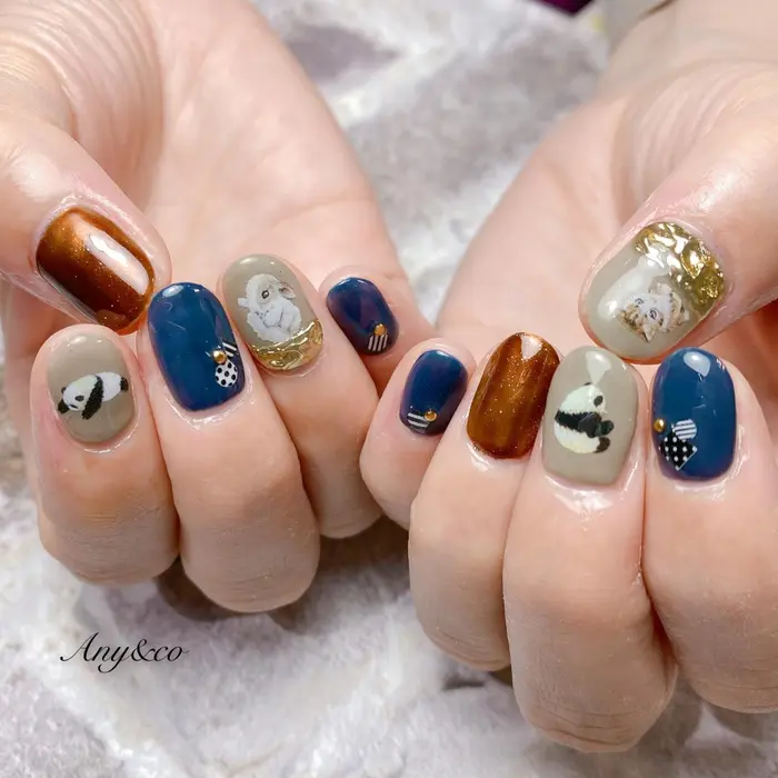 アニマルネイル ネイルデザイン パンダネイル 秋カラー ネイルサロン福岡 ネイルサロン博 Any Co所属 Any Co エニコ のマツエク デザイン ミニモ