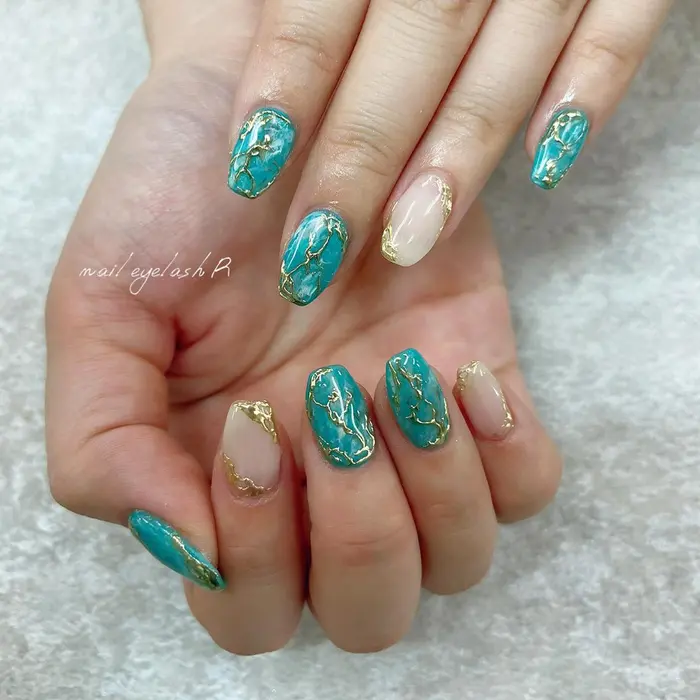 ターコイズ 大理石 ゴールドミラー Nail Eyelash R所属 Salon R Miyuki Iのネイル デザイン ミニモ