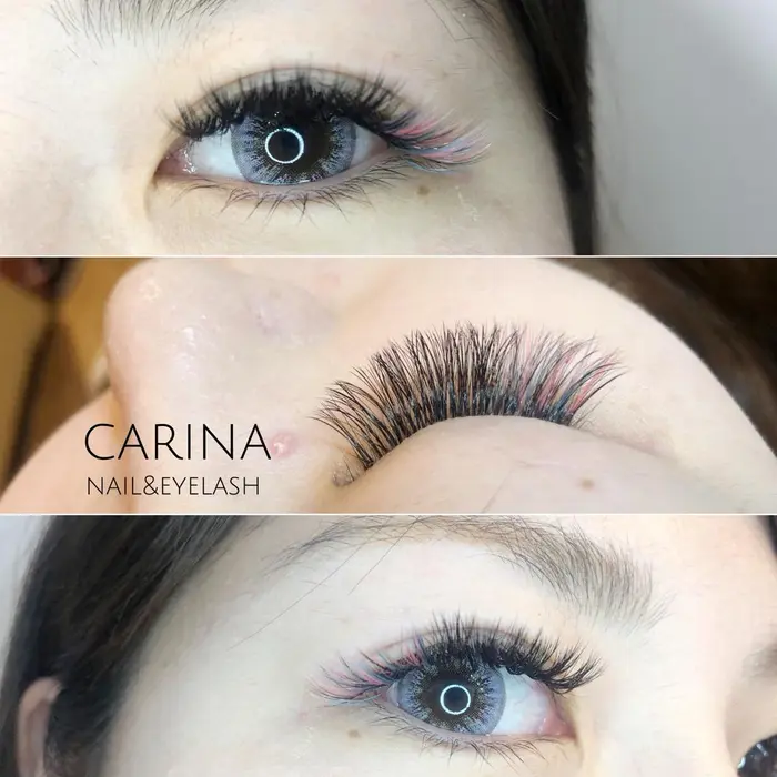 エアリーボリュームラッシュ 目尻カラー アクアブルー フレンチピンク 4 5束 1 Carina Nail Eyelash所属 Carina 金田のマツエクデザイン ミニモ