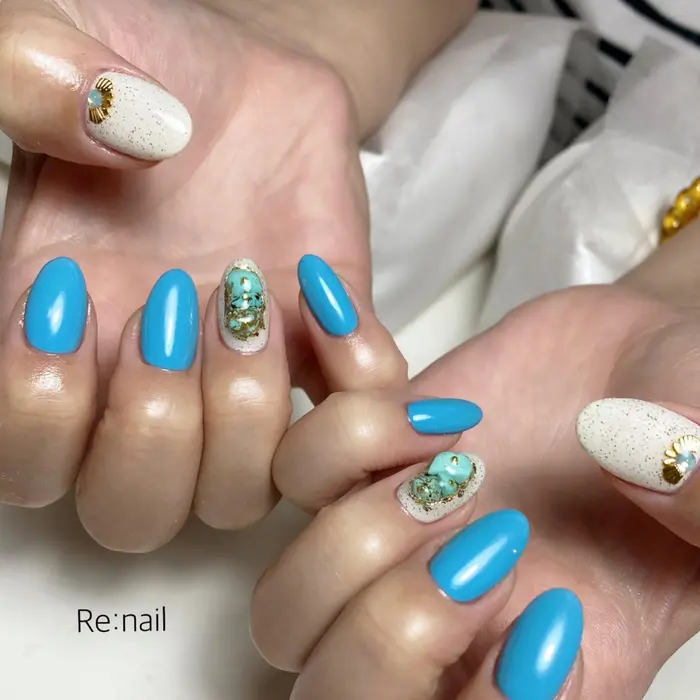 ターコイズ ストーン追加 Total 4300 Re Nail所属 Re Nail リネイルのネイル デザイン ミニモ ターコイズ ストーン追加 Total 4300 Re Nail所属 Re Nail リネイルのネイル デザイン ミニモ