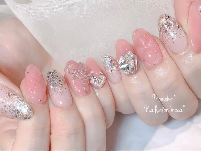 今季大人気なキルティングネイル コース以外の追加 クリアリボン3d1つ 550円 ｖカット立体 モカ東三国店所属 川上 桃果のネイル デザイン ミニモ