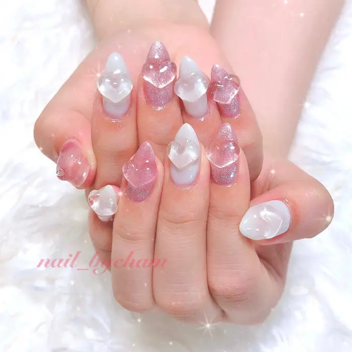 ぷっくりネイル マグネットネイル Chamnail所属 韓国ネイル ニュアンスネイル華のネイルデザイン ミニモ