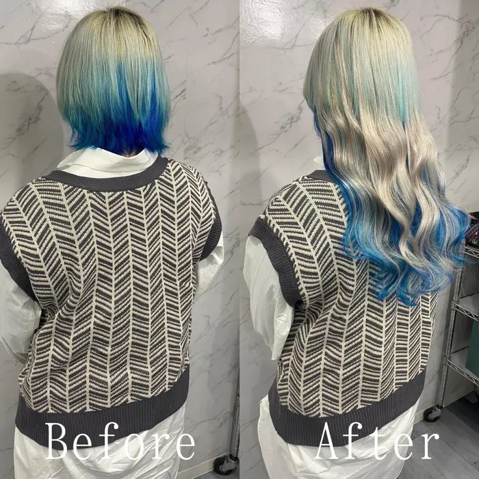 ホワイト ターコイズブルー 小顔ヘア シールエクステ 熊本 ブルー系のヘアカラーは透明感が魅力の 潤 あるじゃんすー熊本店所属 あるじゃんすー 熊本 店のヘアカタログ ミニモ