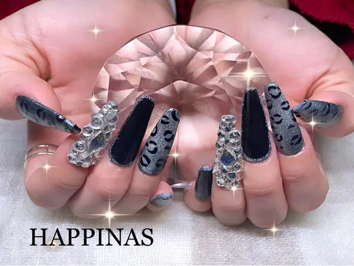 スカルプアートやり放題 スカルプネイル レオパードネイル ブラックネイル マグネットネ Happinas所属 Happinas Nail 脱毛のネイルデザイン ミニモ