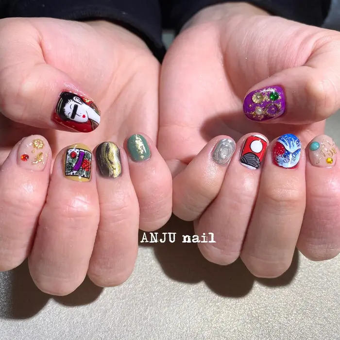 浮世絵ネイル 個性派ネイル 持ち込みデザイン 葛飾北斎 花札ネイル 和柄ネイル Anju Nail Chillax Anju所属 癒心 杏樹のネイルデザイン ミニモ