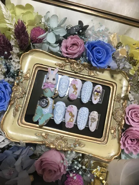 元ngt 山口真帆ちゃん生誕祭デザインチップ 依頼作品 イメージ アリス 水色指定 Private Nail Salon ﾐﾙﾌｨｰﾕ所属 Marika Suzukiのネイルデザイン ミニモ