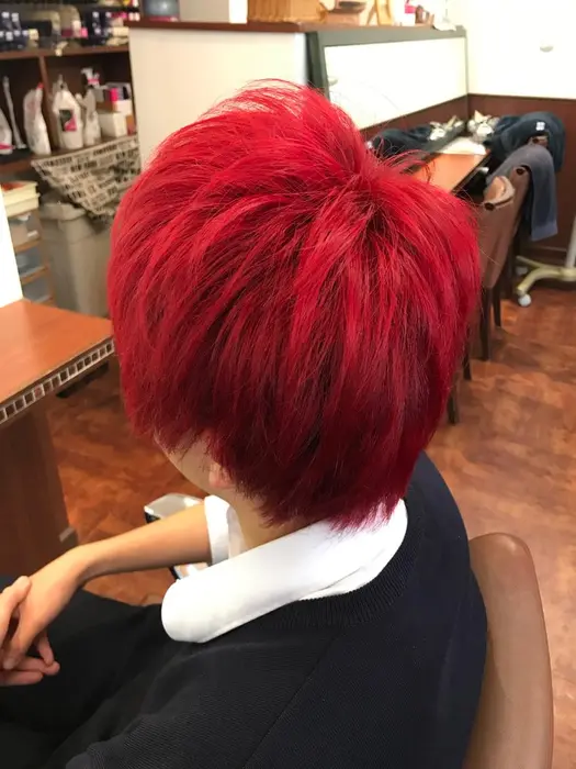 ダブルカラーred 体育祭で赤組になった為の赤髪 オレンジになりすぎないように少しパープルを混ぜて Kami Yu所属 大西 美代のヘアカタログ ミニモ